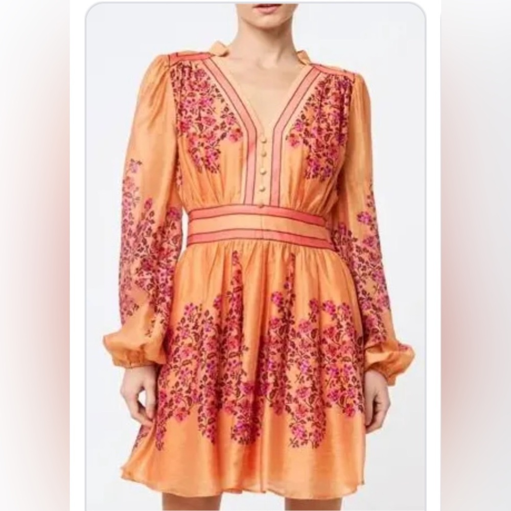 CIEBON Mango Orange Purple Floral Long Sleeve Linen Blend Dress! 🧡